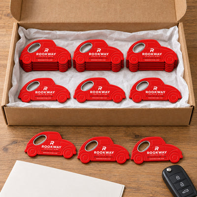 Vehicle Rental custom logo bottle opener magnet - bulk order laid out before packing