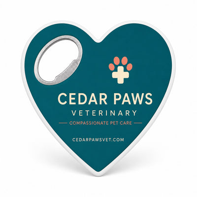 Veterinary Clinic custom logo bottle opener magnet - front view of the printed promotional magnet