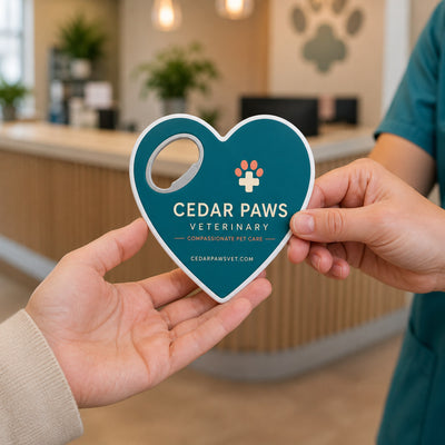 Veterinary Clinic custom logo bottle opener magnet - handed to a customer