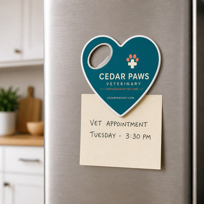 Veterinary Clinic custom logo bottle opener magnet - kept on a refrigerator door as a reminder