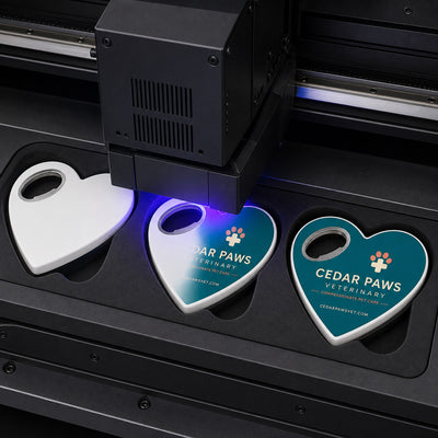 Veterinary Clinic custom logo bottle opener magnet - close-up of the UV printed logo