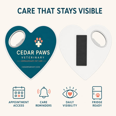 Veterinary Clinic custom logo bottle opener magnet - front and back of the opener magnet
