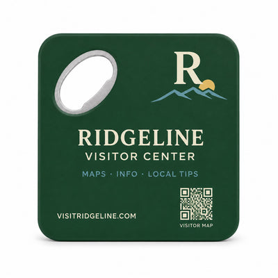 Visitor Center custom logo bottle opener magnet - front view of the printed promotional magnet