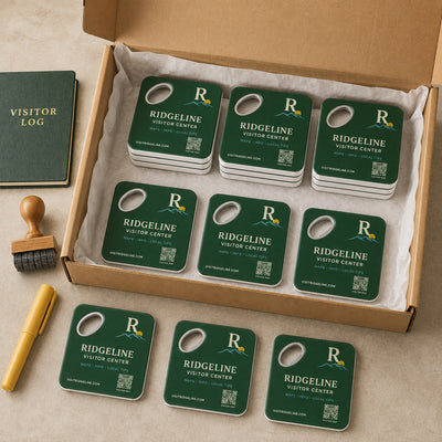 Visitor Center custom logo bottle opener magnet - bulk order laid out before packing