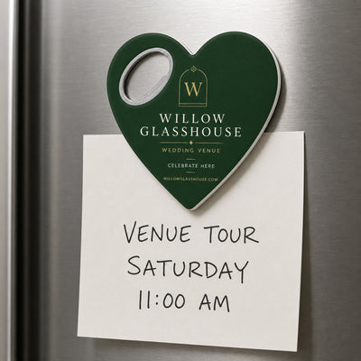 Wedding Venue custom logo bottle opener magnet - held on a refrigerator door by its magnetic back