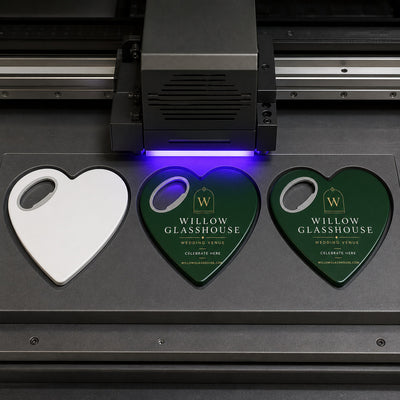 Wedding Venue custom logo bottle opener magnet - close-up of the UV printed logo