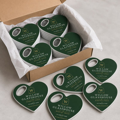 Wedding Venue custom logo bottle opener magnet - bulk order laid out before packing