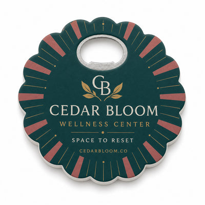 Wellness Center custom logo bottle opener magnet - front view of the printed promotional magnet
