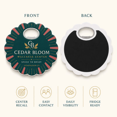 Wellness Center custom logo bottle opener magnet - front and back of the opener magnet