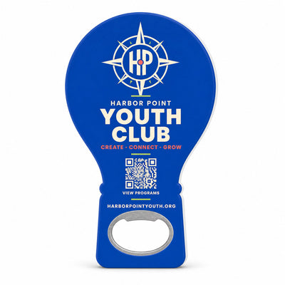 Youth Club custom logo bottle opener magnet - front view of the printed promotional magnet