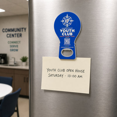 Youth Club custom logo bottle opener magnet - kept on a refrigerator door as a reminder