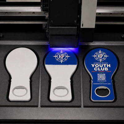 Youth Club custom logo bottle opener magnet - close-up of the UV printed logo