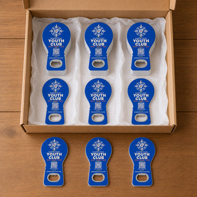 Youth Club custom logo bottle opener magnet - bulk order prepared for packing