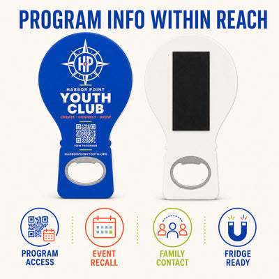 Youth Club custom logo bottle opener magnet - front and back of the opener magnet